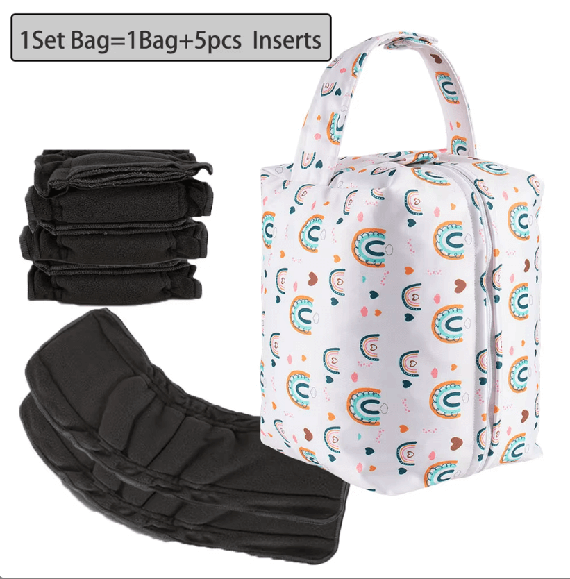 Wet Diaper Bag + 5 Bamboo Charcoal Inserts for Cloth Diapers – Travel Friendly & Leakproof