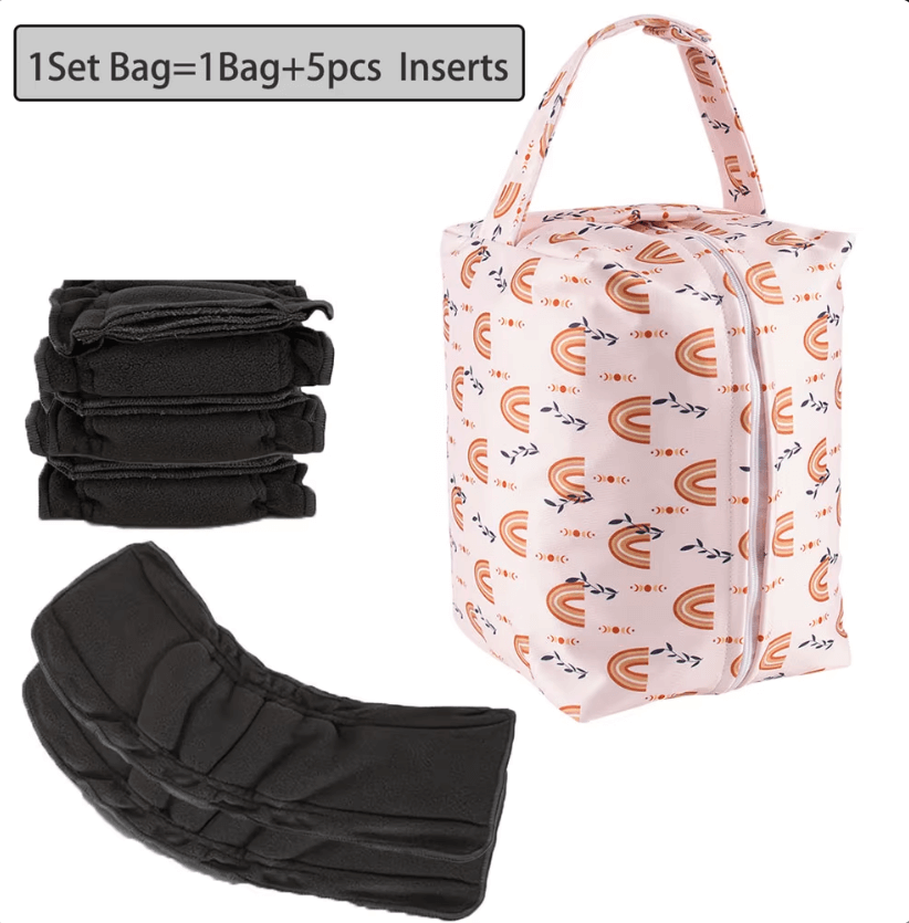 Wet Diaper Bag + 5 Bamboo Charcoal Inserts for Cloth Diapers – Travel Friendly & Leakproof